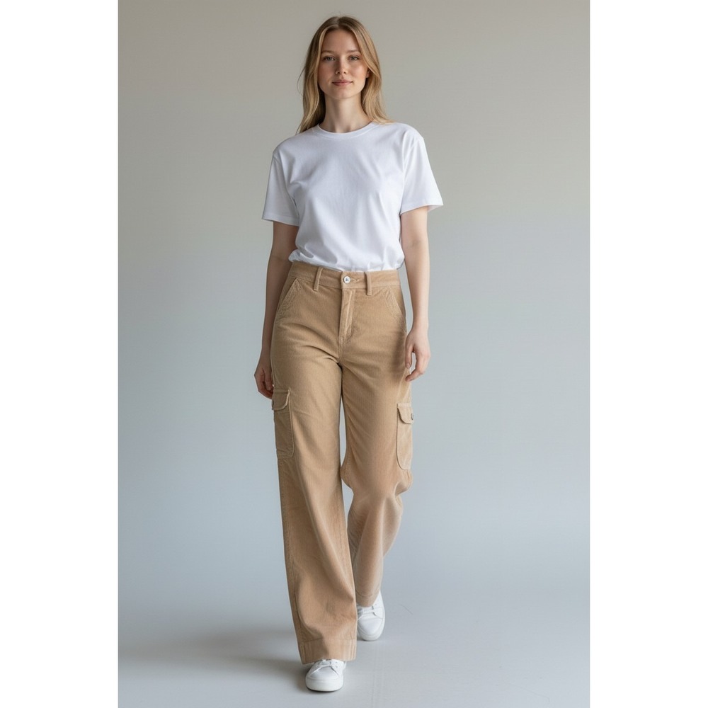 American Eagle High-Rise Baggy Wide Leg Light Brown Corduroy Cargo Pants 0R 27"